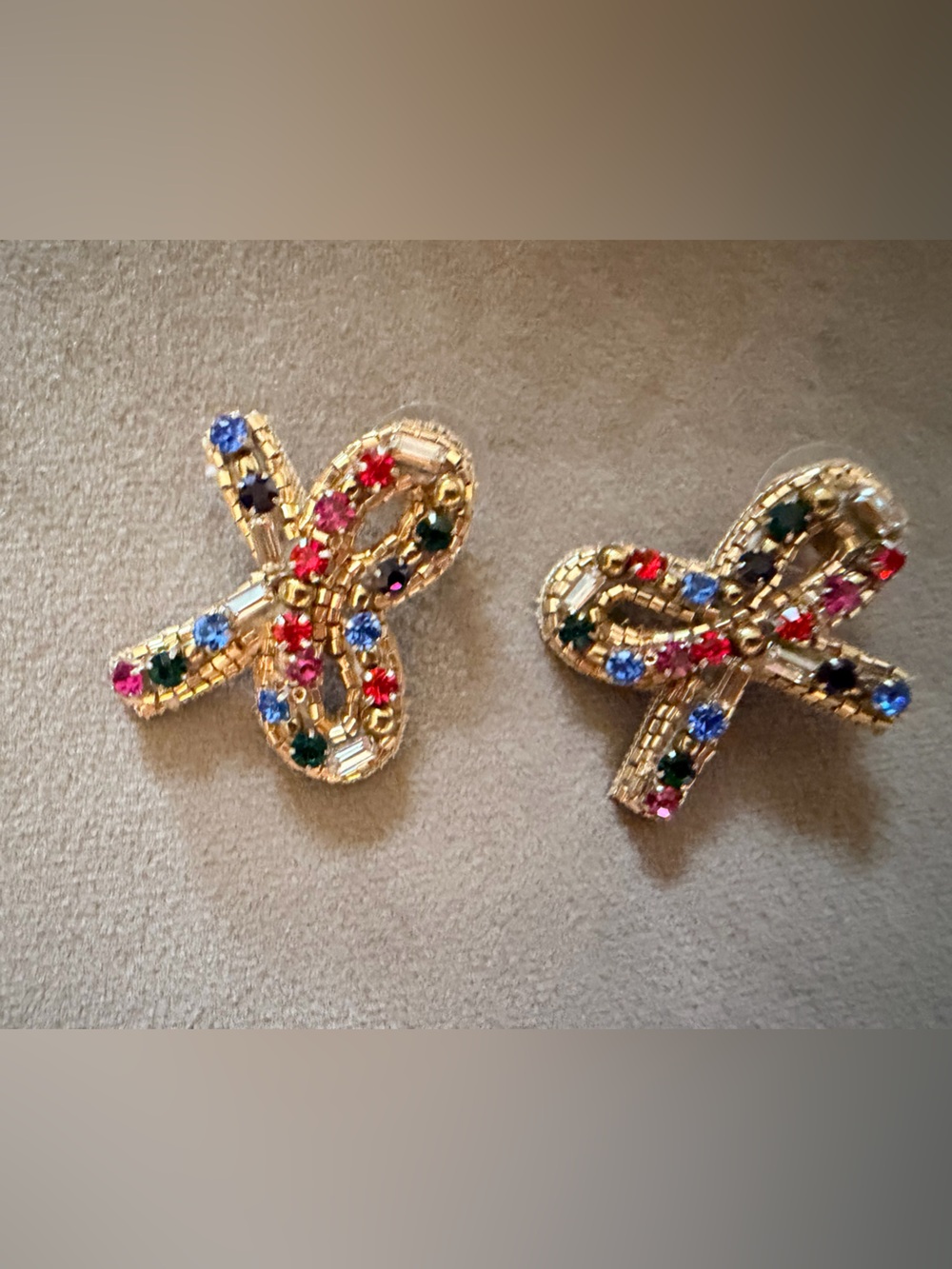 Gold Ribbon Crystal Stud Earrings with Multicolor Stones - Women Jewelry